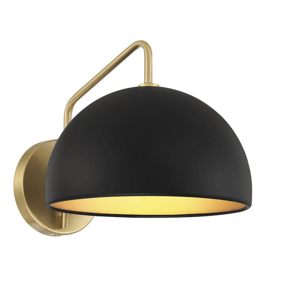10 in. W x 8.5 in. H 1-Light Matte Black with Natural Brass Accents Wall Sconce with Metal Dome Shade