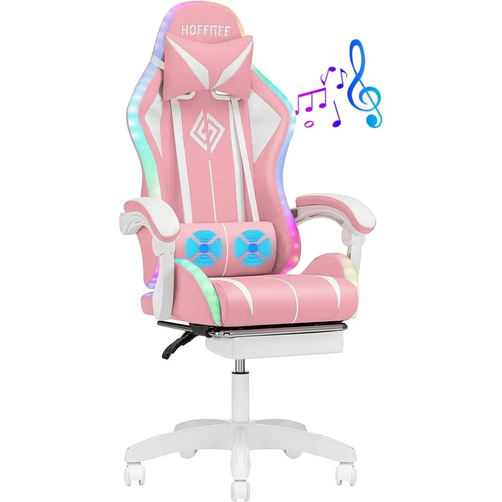 Ergonomic High-Back Gaming Chair with LED RGB Lights, Bluetooth Speakers, and Lumbar Support in White and Pink