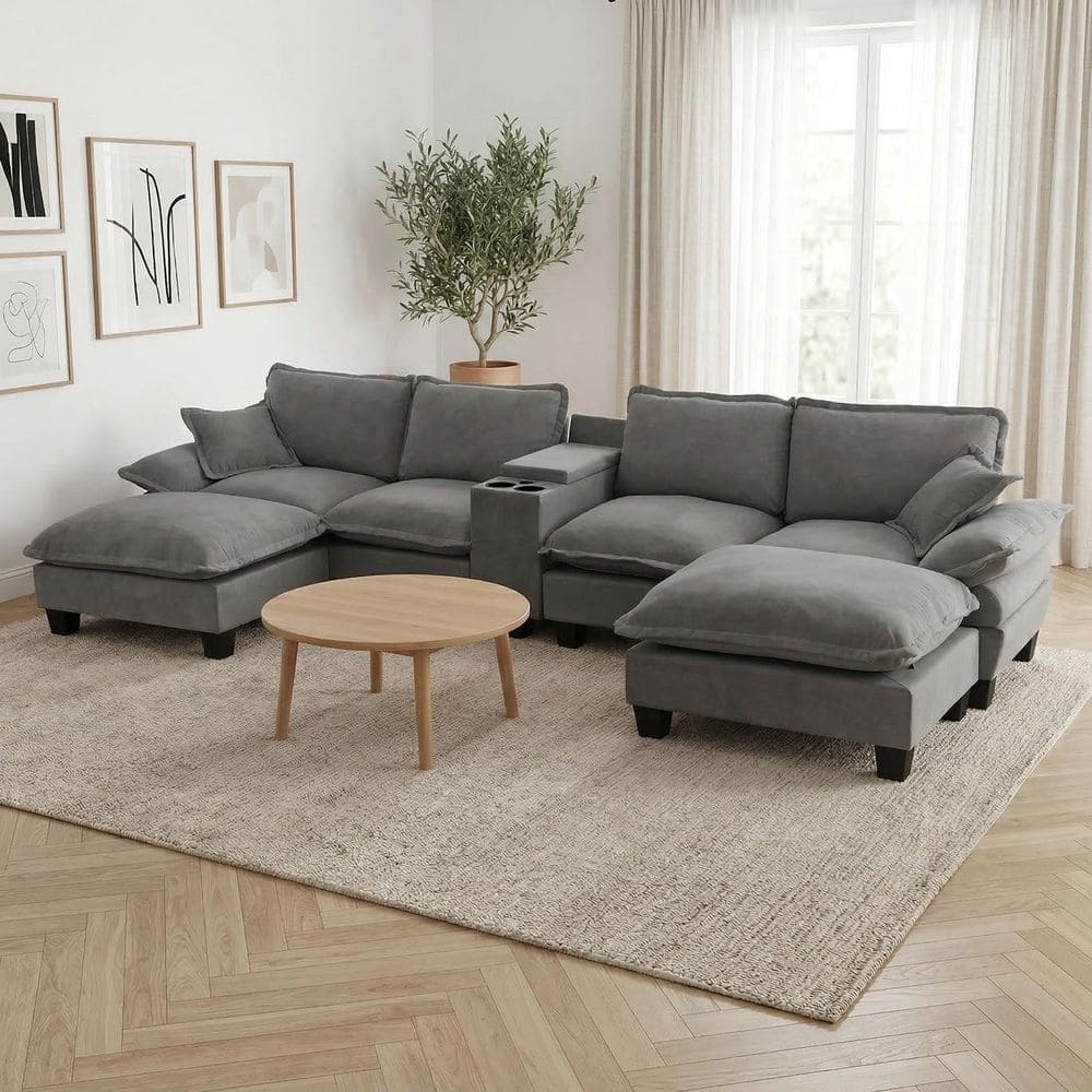 Pearl 155.1 in. 8-Piece Chenille Modular Cloud Sectional Sofa in Black with 2 Ottomans, Storage Consoles, USB Ports