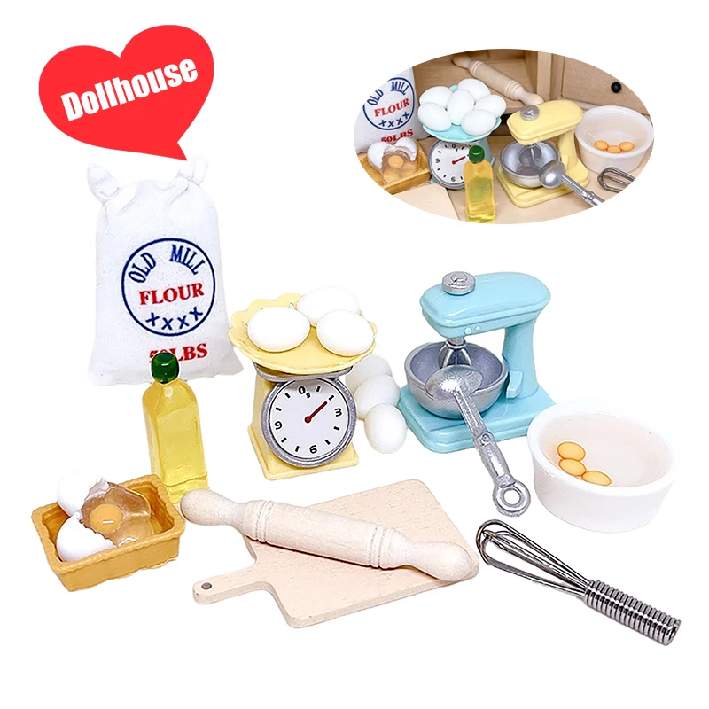1Set 1:12 Dollhouse Miniature Flour Egg Beater Rolling Pin Cut Board Oil Bottle Baking Tool Model Kitchen Decor Toy