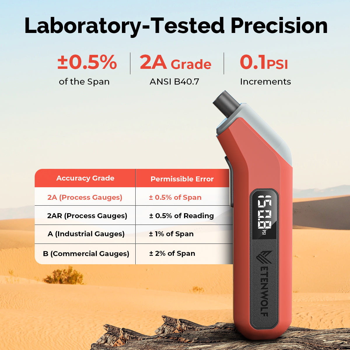 ETENWOLF T300 Digital Tire Pressure Gauge (±1 PSI) - Orange detail image