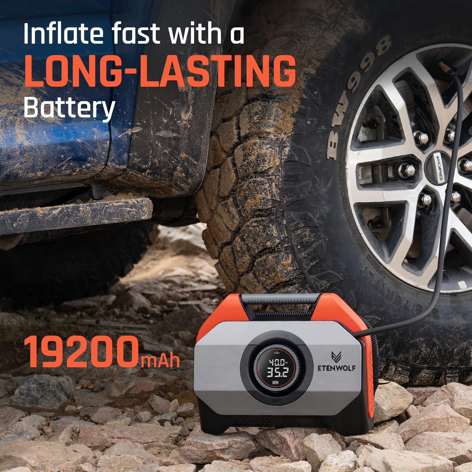 ETENWOLF Vortex S6 Heavy Duty Tire Inflator Air Compressor - Orange detail image