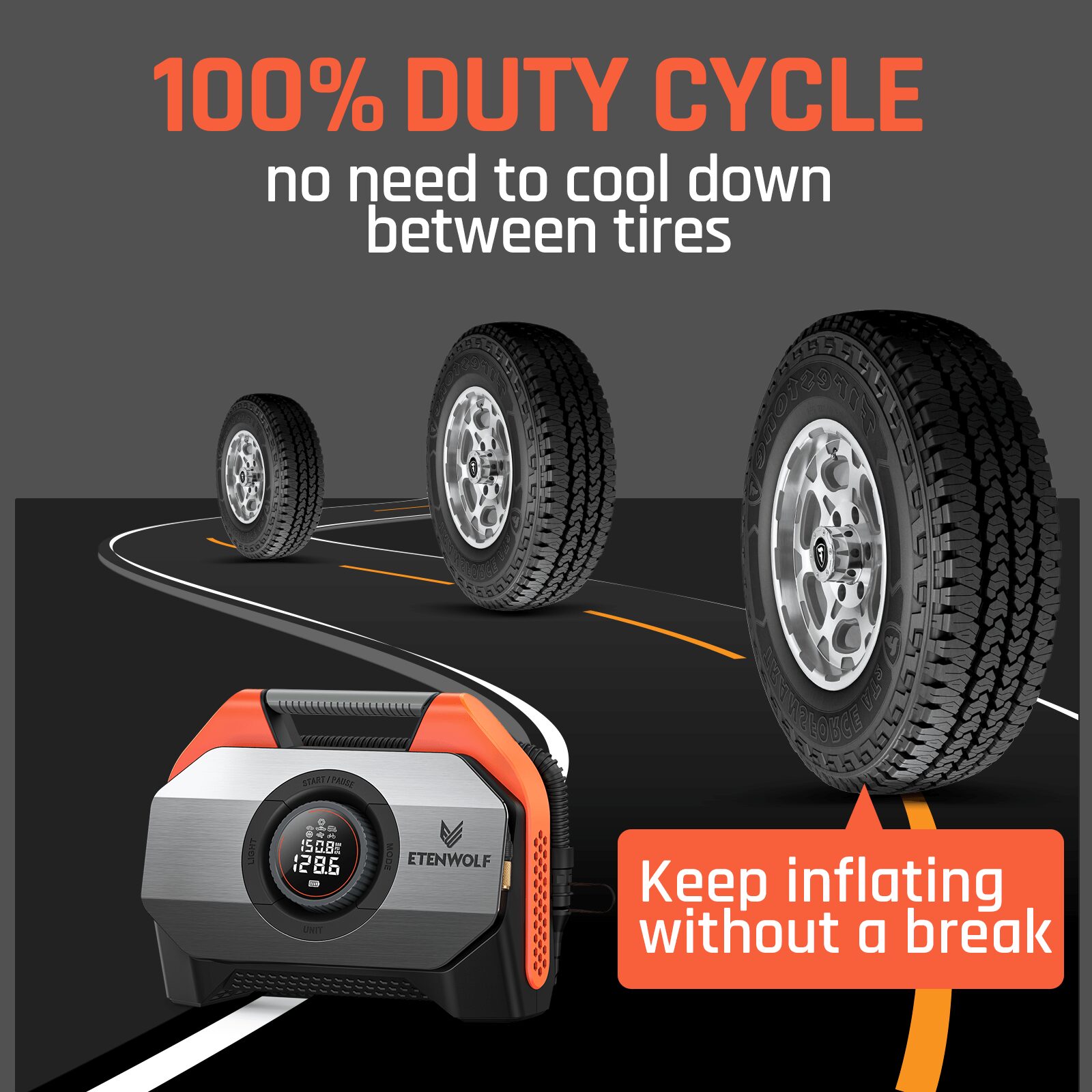 ETENWOLF Vortex S6 Heavy Duty Tire Inflator Air Compressor - Orange detail image