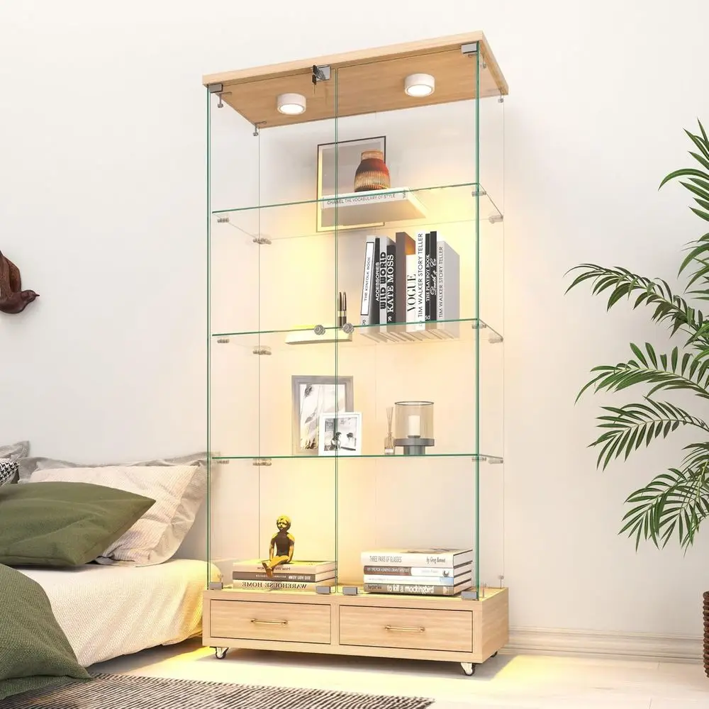 4-Tier Glass Cabinet with LED Lights, Double Doors, Wheels for Home or Office Display of Books and Collections