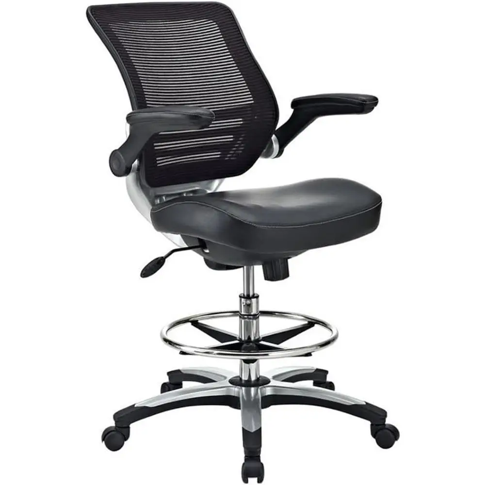 49 High Leather and Mesh Drafting Stool with Padded Arms, Dual Wheels, Adjustable Height for Home or Office, Black/Chrome Finish