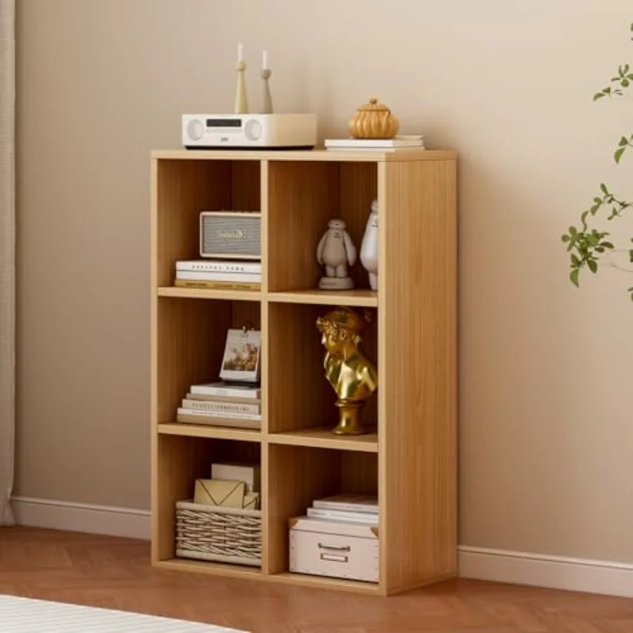 6-Cube Storage Shelf Bookcase - Wooden 3-Tier Floor Standing Open Bookshelf for Home and Office Display Cabinet Oak - Ideal for