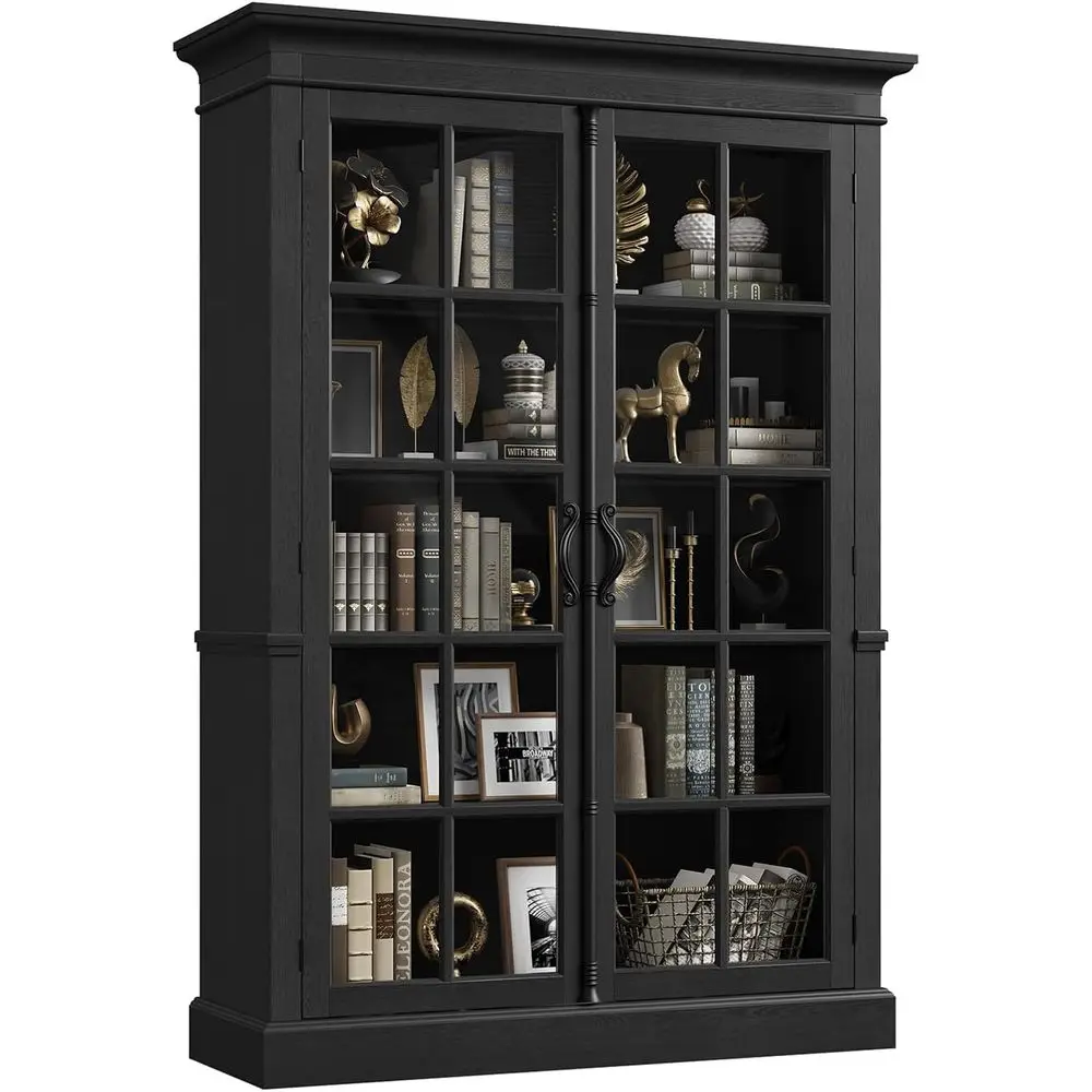 65 Tall Display Cabinet with Adjustable Shelves, 5-Tier Bookcase, Tempered Glass Door, Storage Cabinet for Home and Office, Blac