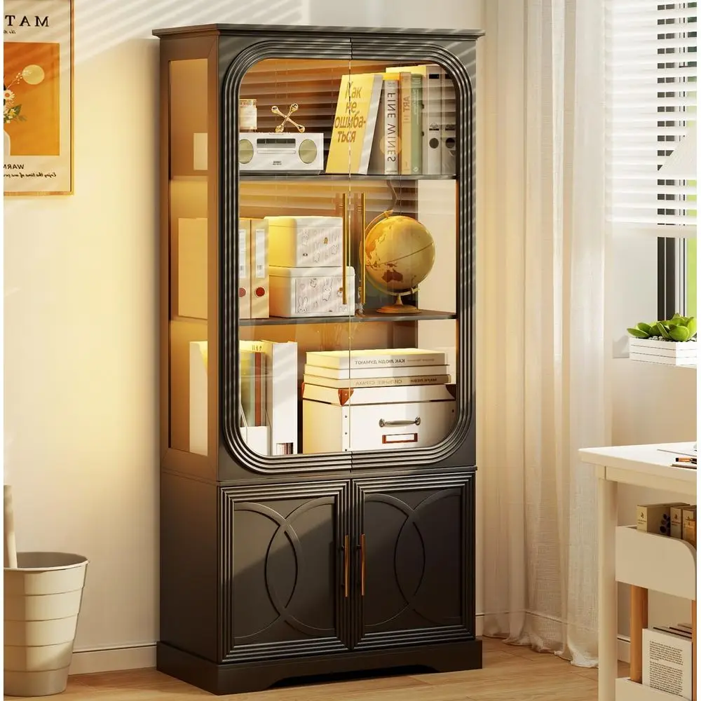 AliExpress Arched Glass Display Cabinet with 3 LED Lights and Lockable, 2 Adjustable Shelves for Home or Office, Assembly Needed (Black) Deal Review