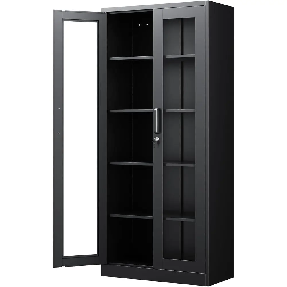 71 Metal Glass Display Cabinet with 4 Adjustable Shelves, Lockable Curio Storage for Home, Office, Books, Pantry