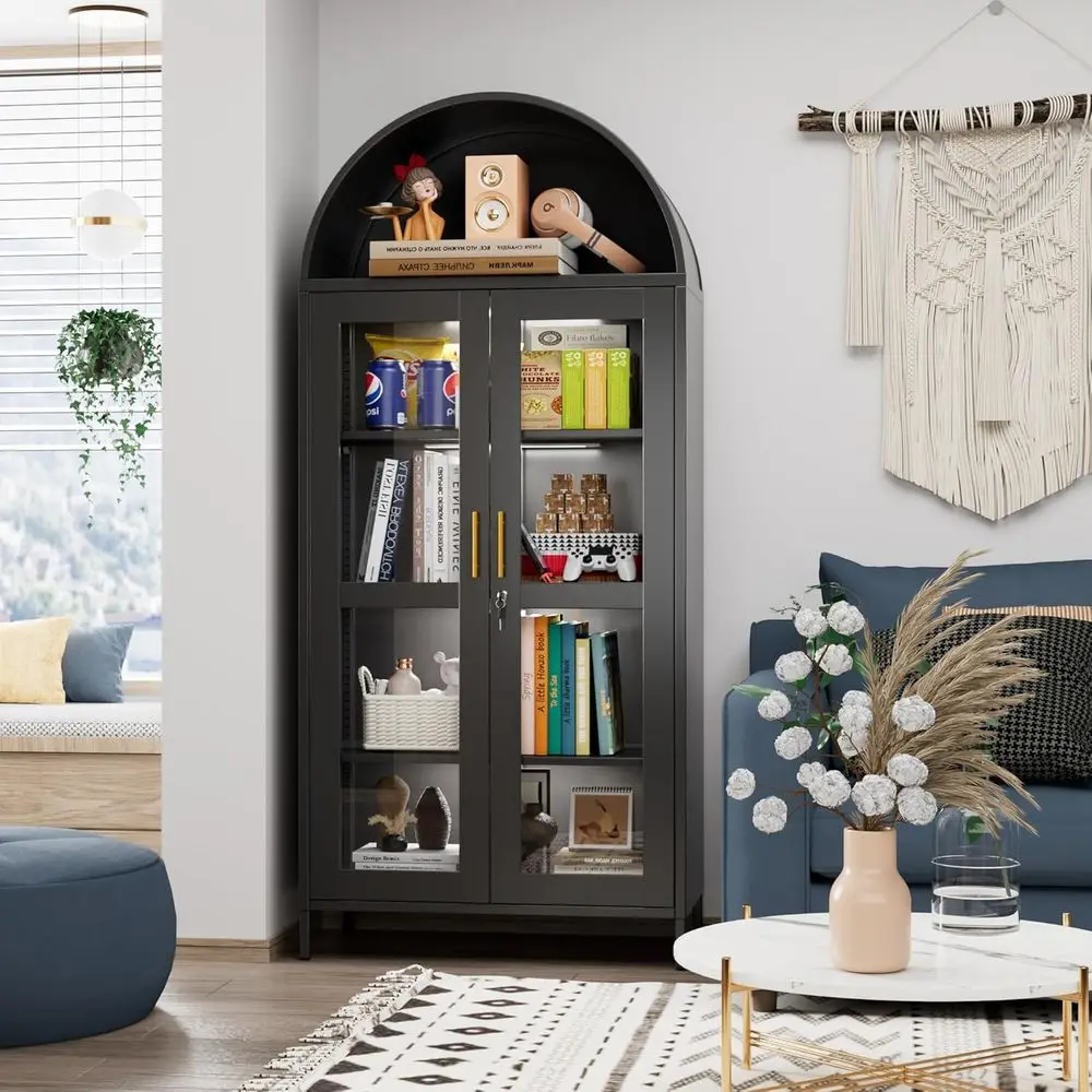78.74 Tall Metal Arched Cabinet with Glass Door, 3-Color LED Lights, Lockable, Adjustable Shelves for Home or Office