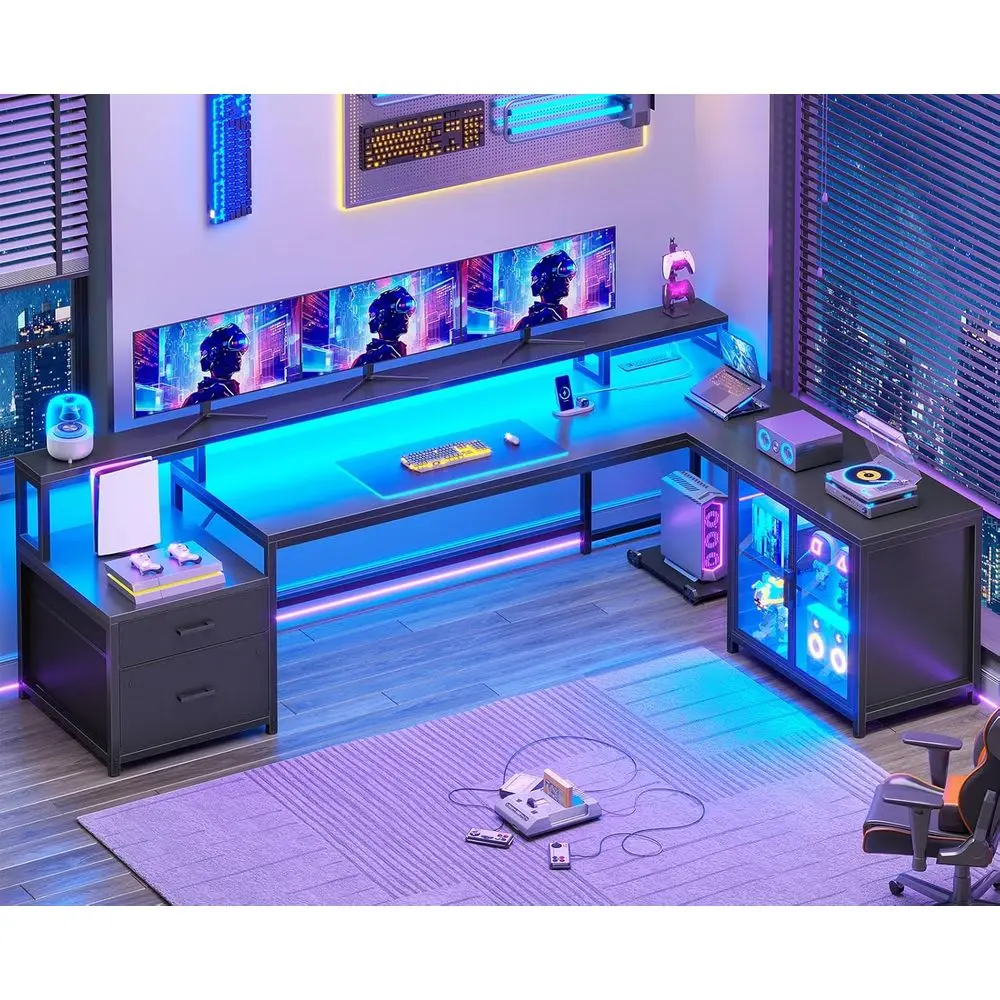 78.7 L-Shaped Gaming Desk with Drawers, Power Outlet, LED Light, Storage Shelves, and Display Cabinet for Home Office or Gaming