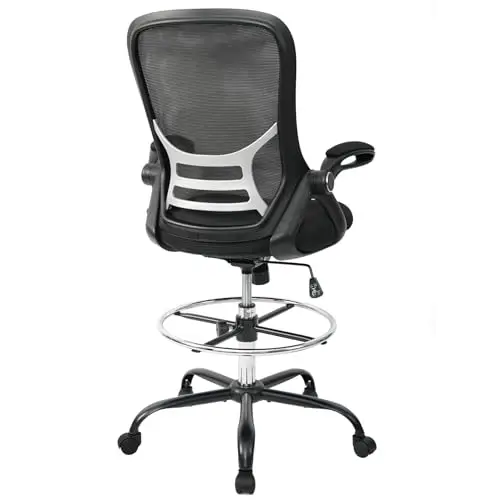 Black Mesh Drafting Stool With High Back, Adjustable Height, Flip-Up Armrests, And Removable Foot Ring