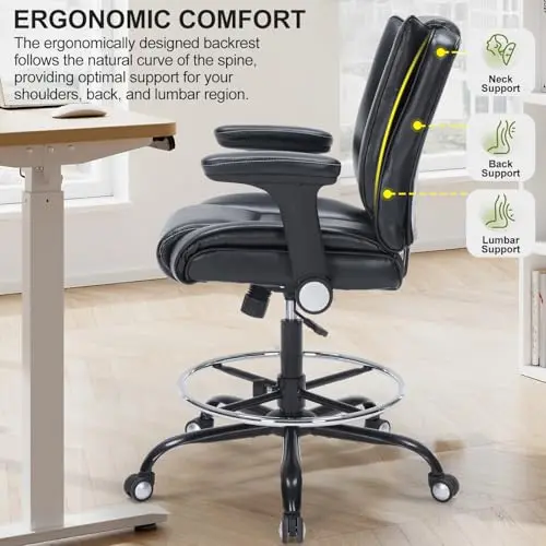 Ergonomic High Back Drafting Chair With Padded Flip-Up Arms, Footrest Ring, Thick PU Leather Seat Cushion For Standing Desk Use
