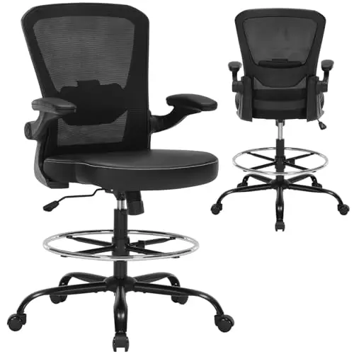 High-Back Mesh Drafting Chair With PU Leather Seat, Adjustable Height, Flip-Up Arms, Footrest Ring, Lumbar Support, 400 Lbs