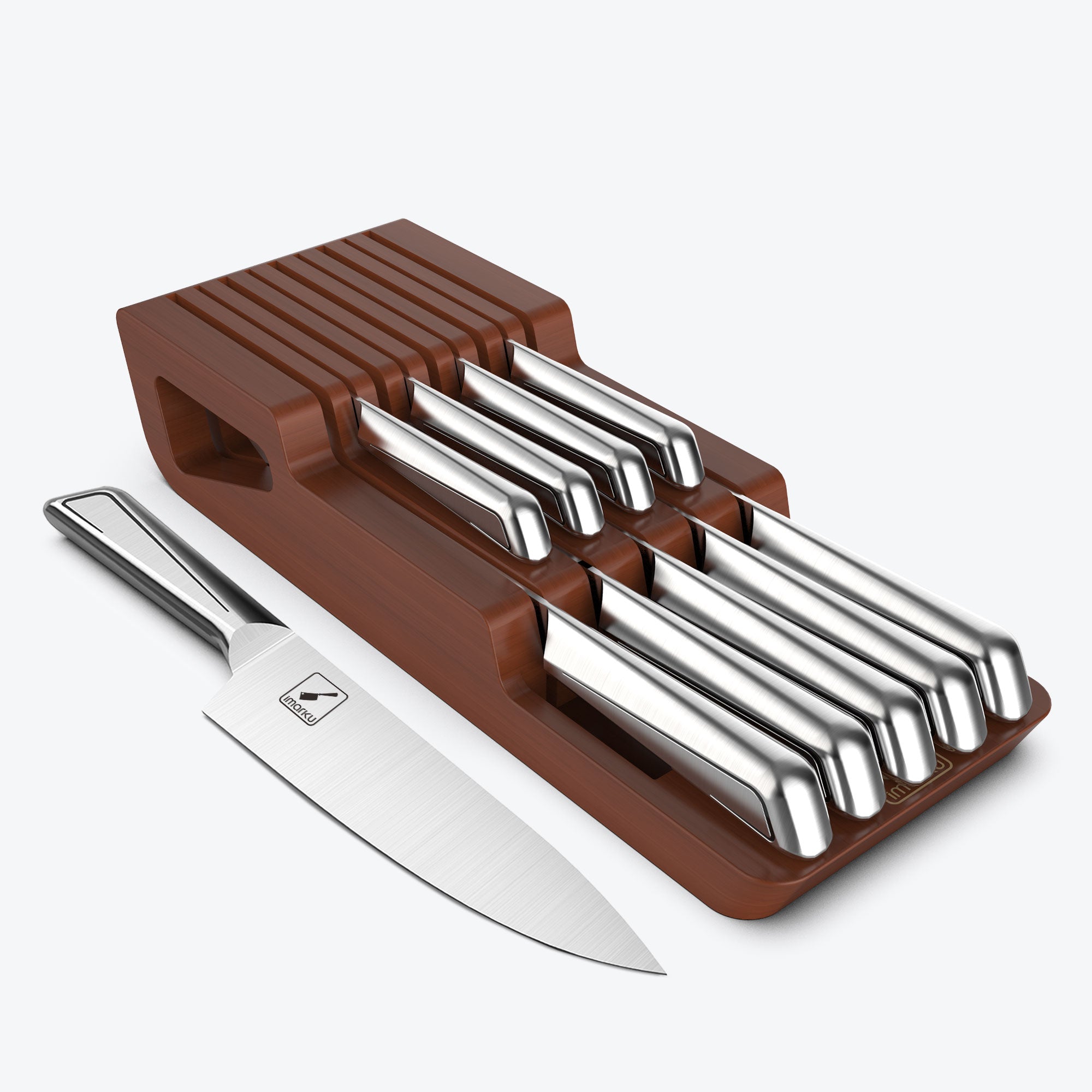 IMARKU 10-PC Kitchen Knife Set with Wooden Drawer Organizer Under