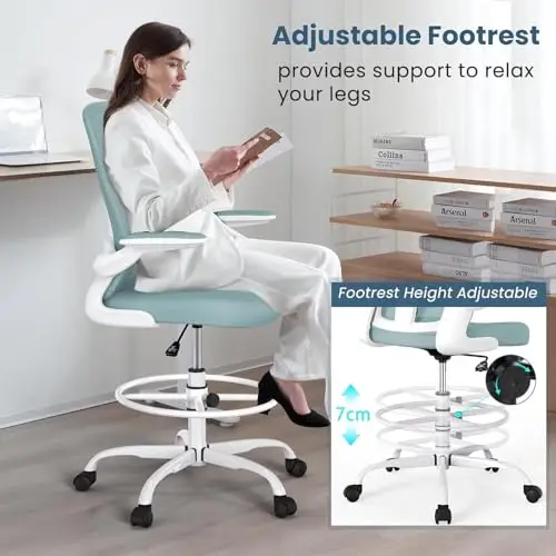 Light Blue Ergonomic Drafting Chair With Adjustable Footrest Ring, Lumbar Support, Flip-Up Arms, And 7cm Height Adjustment For