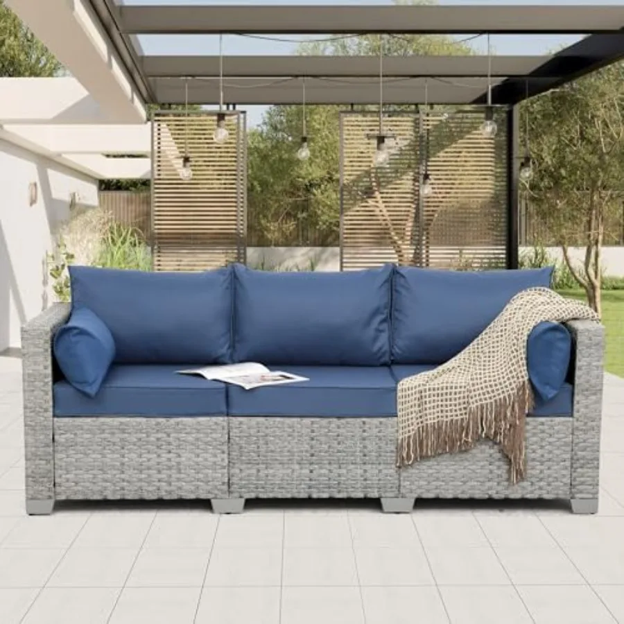 AliExpress Outdoor Couch 3 Seater Wicker Patio Sofa Grey Rattan Deep Seat Balcony Furniture Porch Seating with Navy Blue Cushion Deal Review