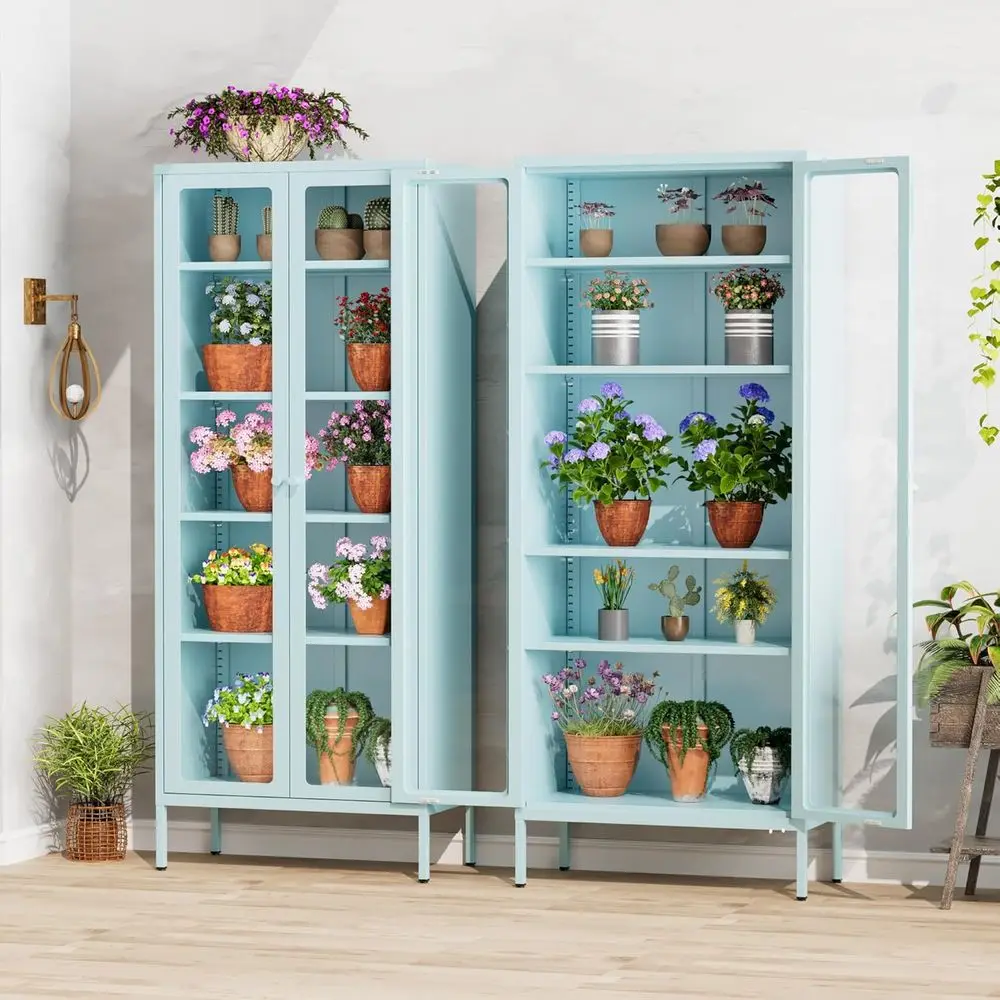 Tall Glass Display Cabinet for Collectibles, Blue Steel Curio Case with Shelves, Ideal for Home Office, Living Room, Pantry