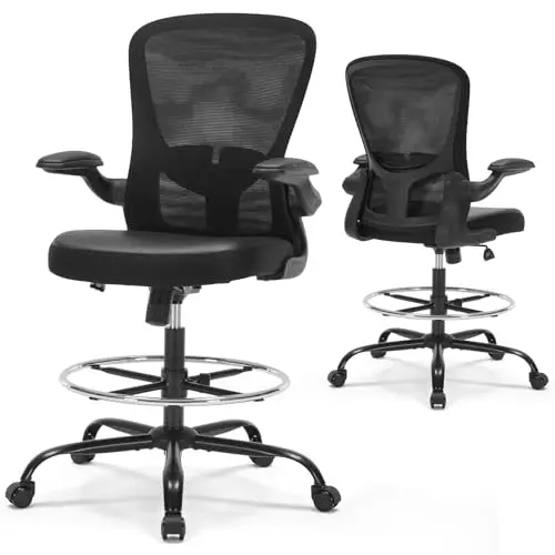 Tall Mesh Back Drafting Chair With Adjustable Height, Flip-Up Armrests, Lumbar Support, PU Seat, And Foot Ring For Standing