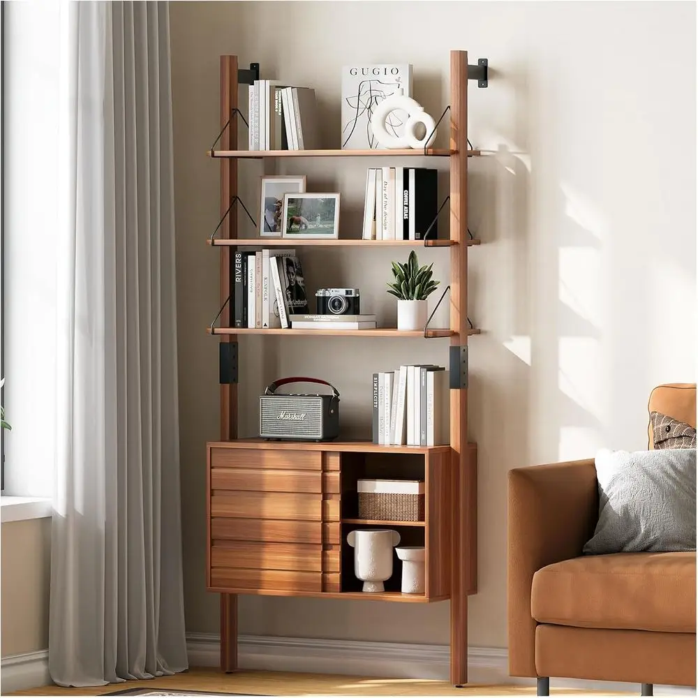 6-Tier Wall-Mounted Bookshelf with Storage Cabinet, Cherry Finish for Living Room, Bedroom, or Home Office