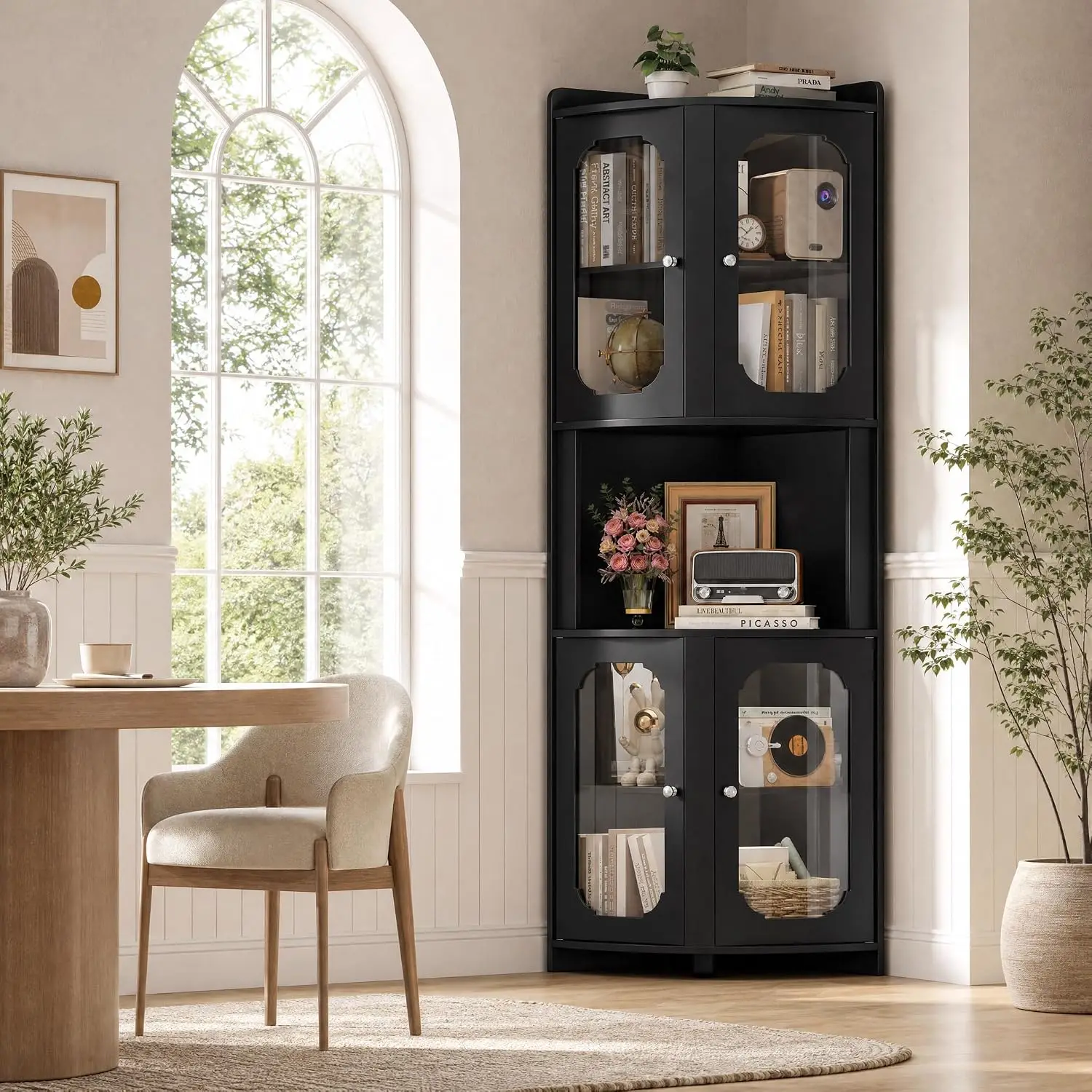 69" Tall Corner Storage Cabinet with Glass Doors, 5-Tier Display Shelf for Small Spaces, Modern Bookshelf for Living Room, Home Office, Kitchen, Black