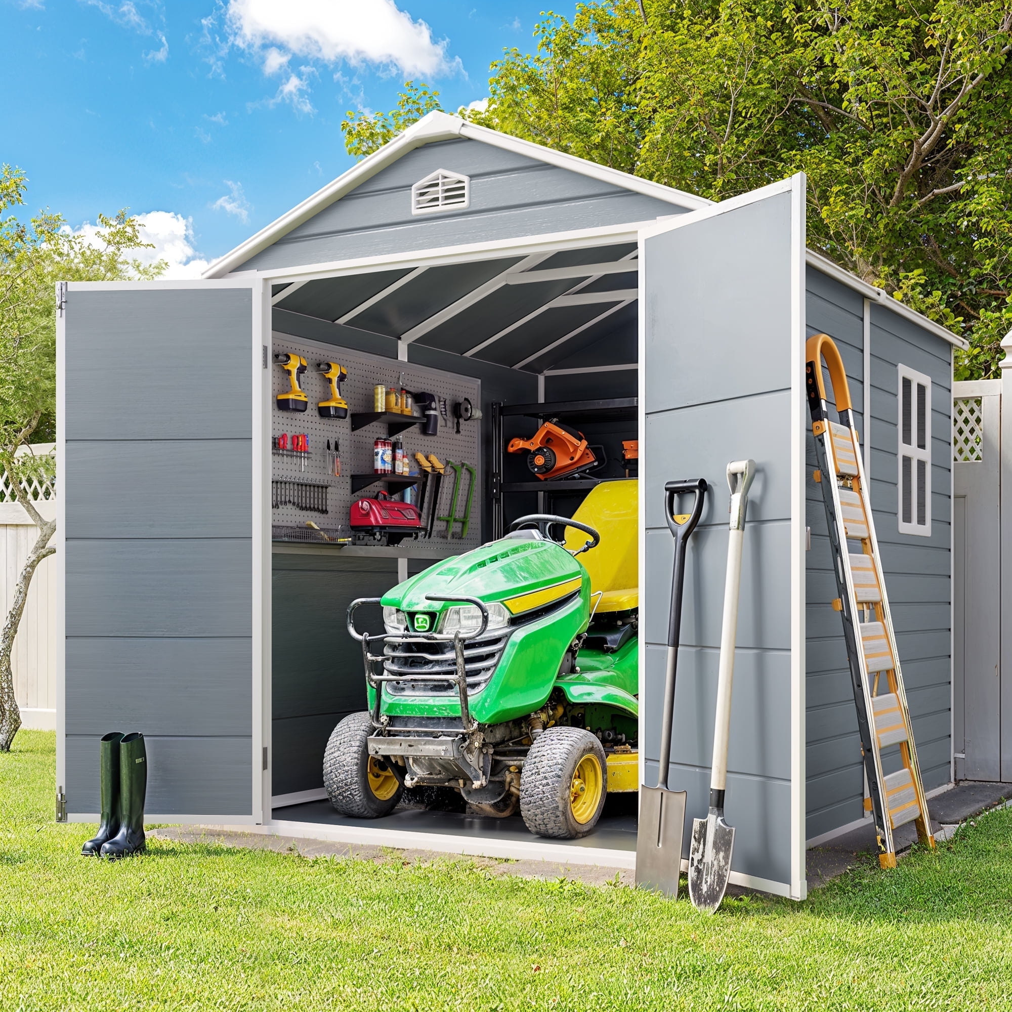 8x6 FT Extra Large Plastic Storage Shed with Double Doors - Lockable Heavy Duty Resin Shed for Lawn Tools, Gardening Equipment, Patio Furniture Cover, Grey