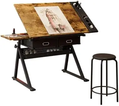 Adjustable Drawing Table with Stool, 2 Drawer Drafting Desk for Artists, Tiltable Tabletop for Home Office, School &
