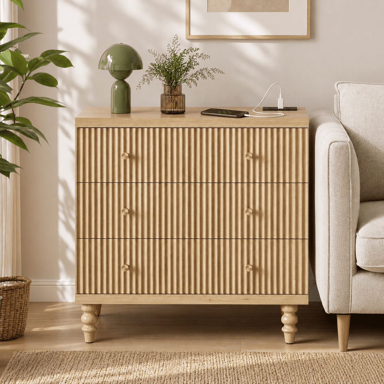 Bestier 3-Drawer Storage Cabinet with Charging Station, Modern Fluted Accent Cabinet with Soft-Close Drawers and Solid Wood Legs for Living Room, Entryway & Home Office, Natural Oak