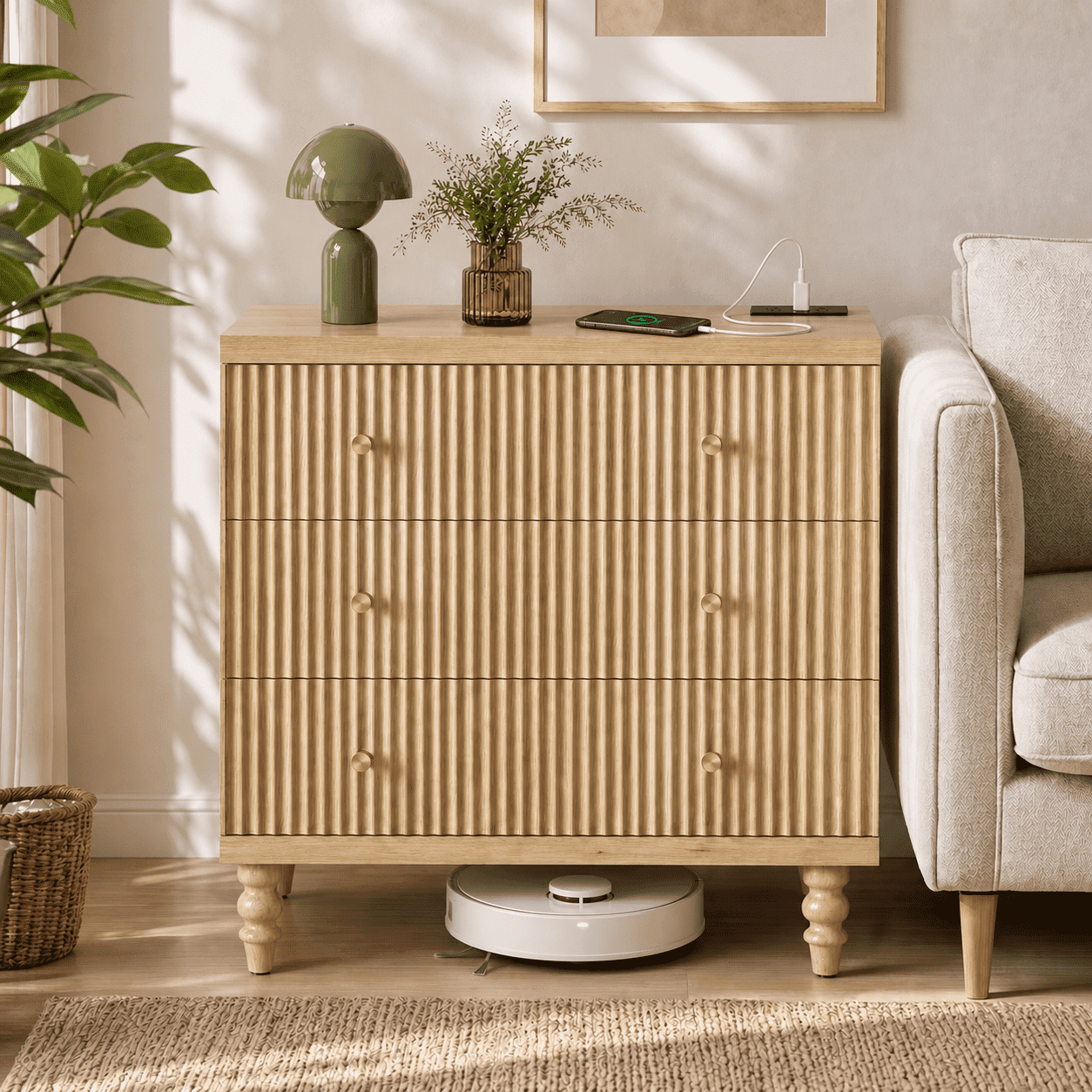 Bestier 3-Drawer Storage Cabinet with Charging Station, Modern Fluted Accent Cabinet with Soft-Close Drawers and Solid Wood Legs for Living Room, Entryway & Home Office, Natural Oak