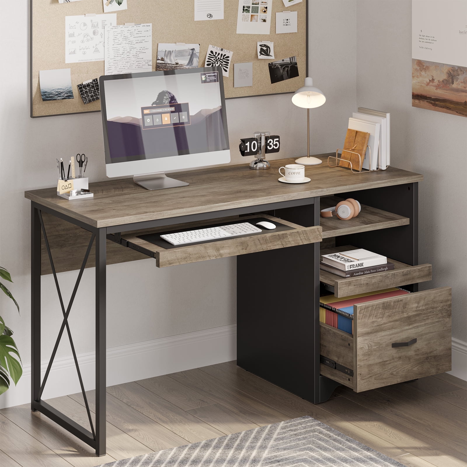 Bestier 47 inch Computer Desk with Storage File Drawer & Keyboard Tray, Home Office Writing Desk Work Study Table for Small Space, Wash Gray