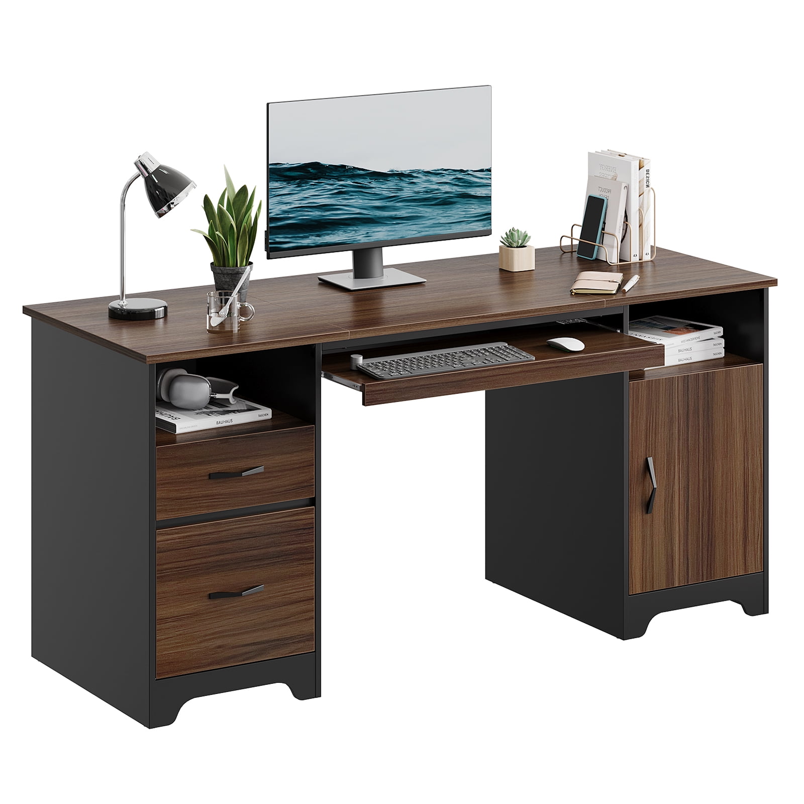 Bestier 60” Computer Desk Executive Desk with Drawers & Storage Cabinet for Home Office, Cherry