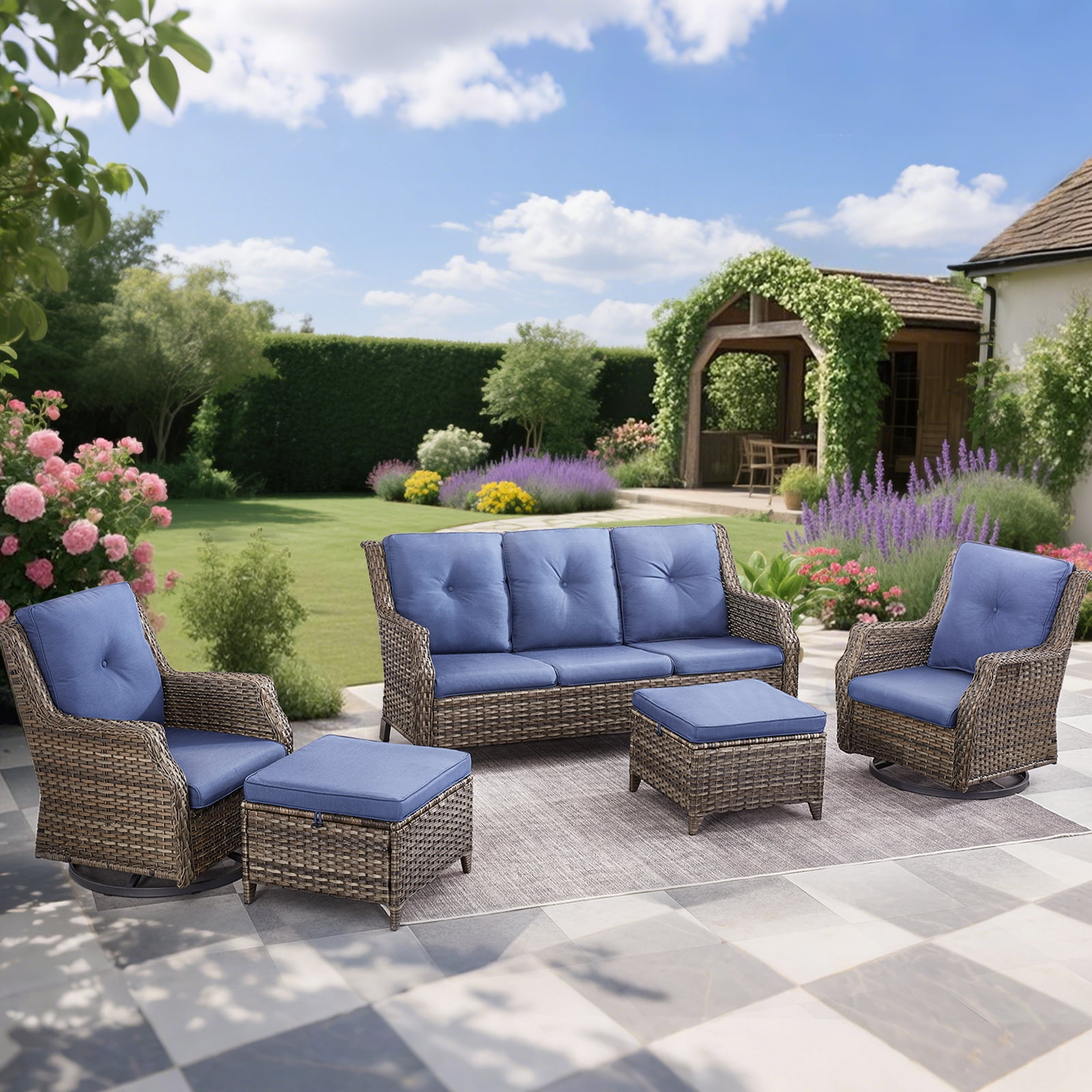 Bestier Patio Furniture Set with Swivel Chairs, 5 PCS Wicker Rattan Sofa Chairs with Cushion and 2 Ottoman, Outdoor Conversation Set for Backyard, Armchairs for Deck Poolside Balcony Garden