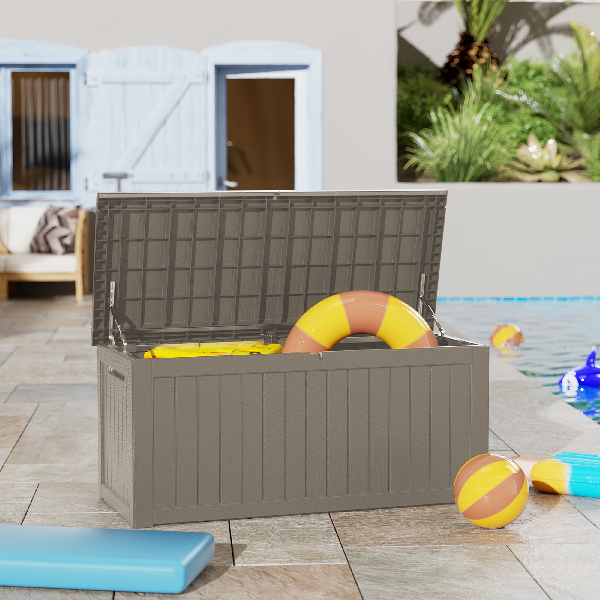 CIRUI 230-Gallon Outdoor Plastic Deck Box with Handle and Lockable Lid, Waterproof Indoor and Outdoor Home Storage Box, Suitable for Patio Furniture, Cushions, Pool, and Garden Tools - Ligh