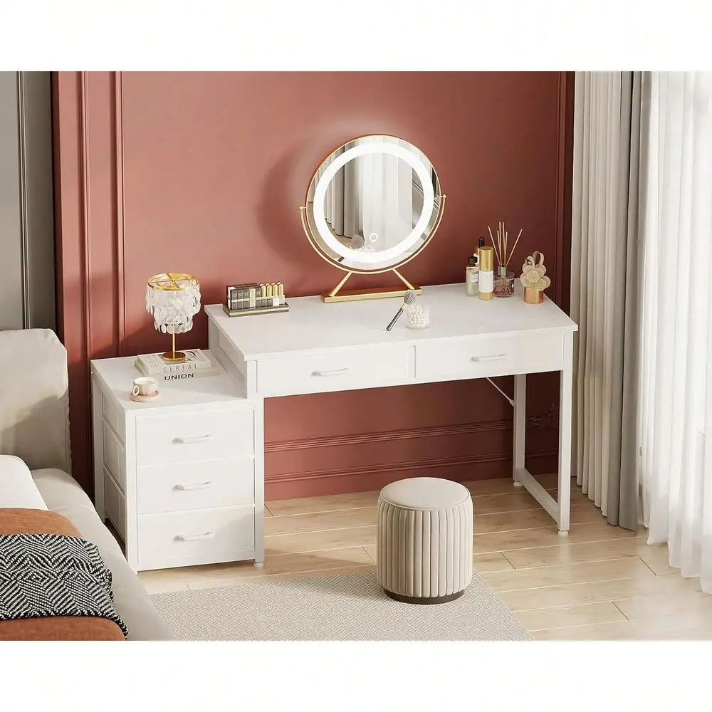 Desk With 5 Drawers, 53 Inch Office Desk With Printer Shelf, Reversible Vanity Desk For Home Bedroom, Writing Table Desk For St
