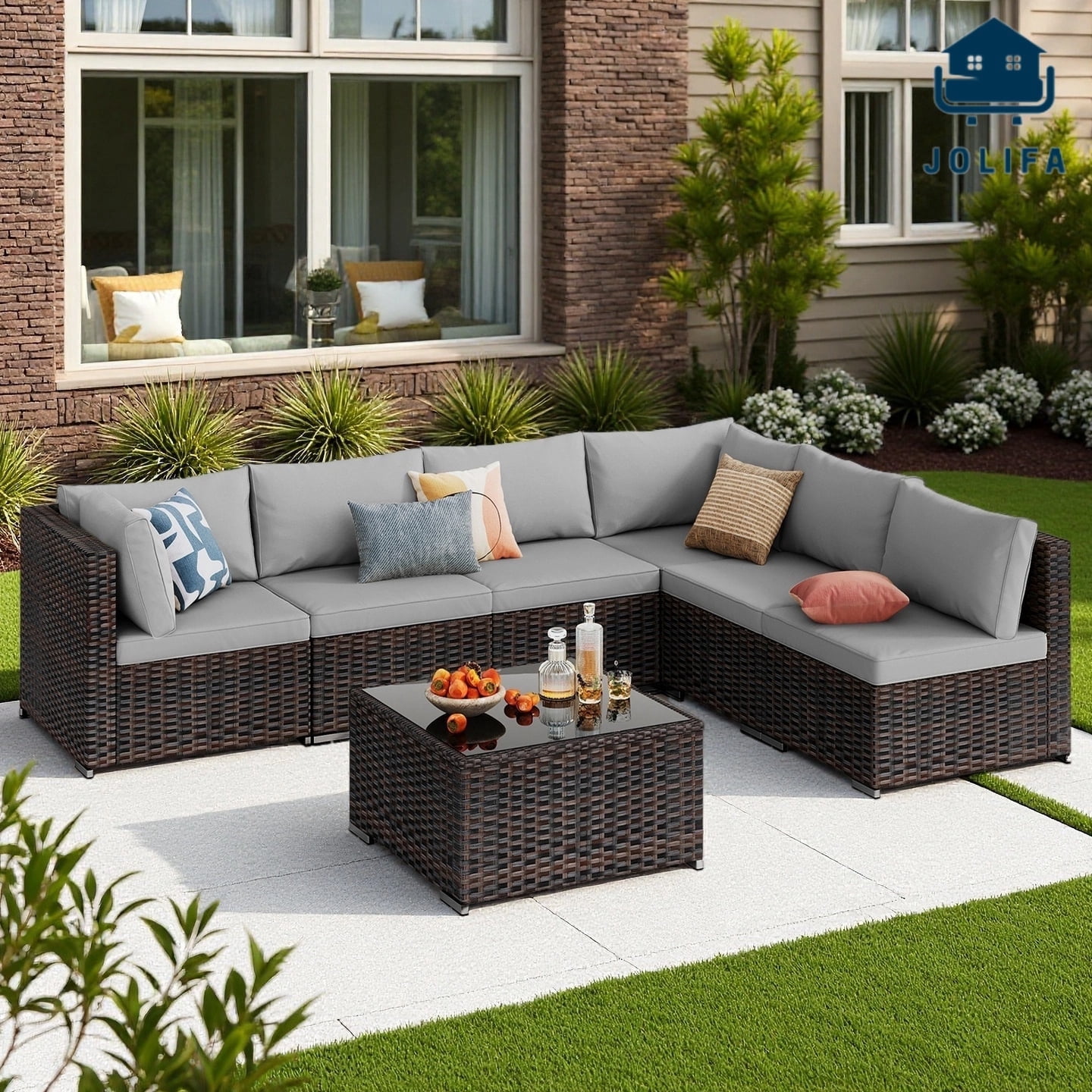 Jolifa 7 Piece Outdoor Patio Furniture Set, Wicker Sectional Sofa with Glass Table & Cushions, All-Weather Conversation Set for Backyard, Balcony, Porch, Gray