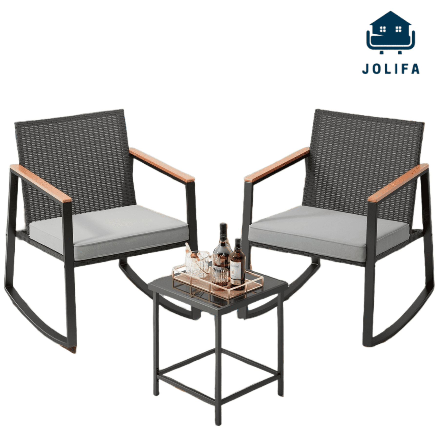 Jolifa Bistro Patio Furniture with 2 Outdoor Rocking Chairs and 1 Glass Coffee Table for Poolside, Porch, Lawn,Gray Review