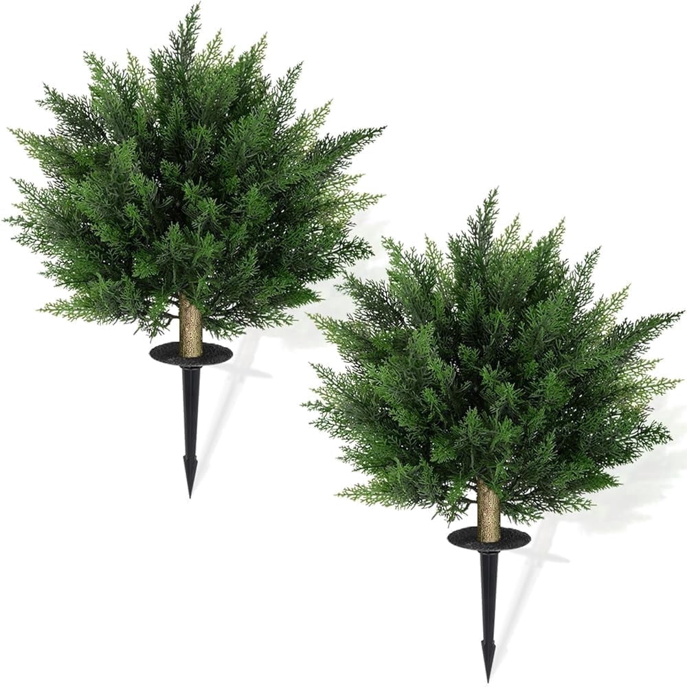 OLIVIVI Artificial Cedar Tree 2FT Tall Faux Silk Plant for Home Office Decor Indoor Outdoor Fake Lifelike Potted Christmas Tree with Wood Branches 2 pack