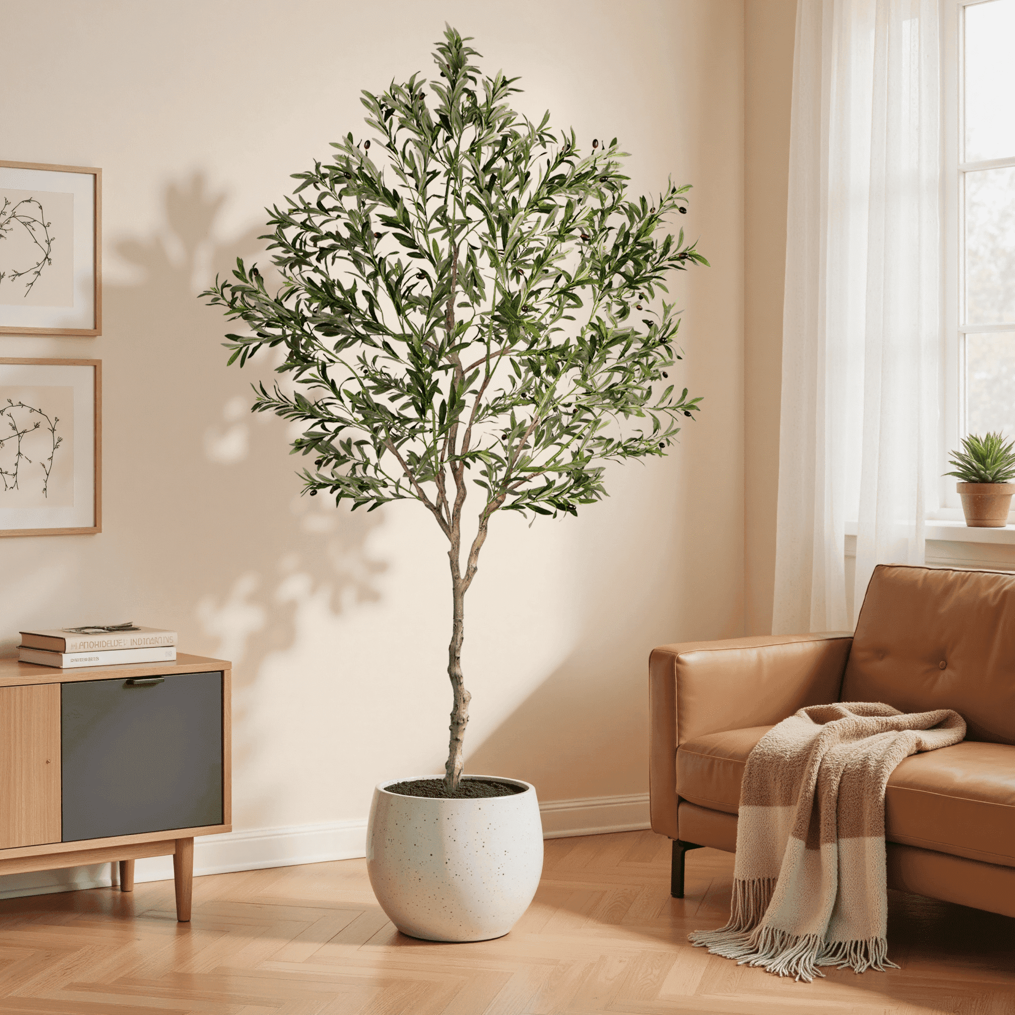 OLIVIVI Artificial Olive Tree 8FT Tall Faux Plant for Home Office Decor Indoor Outdoor Fake Lifelike Potted Plant with Wood Branches 1 pack