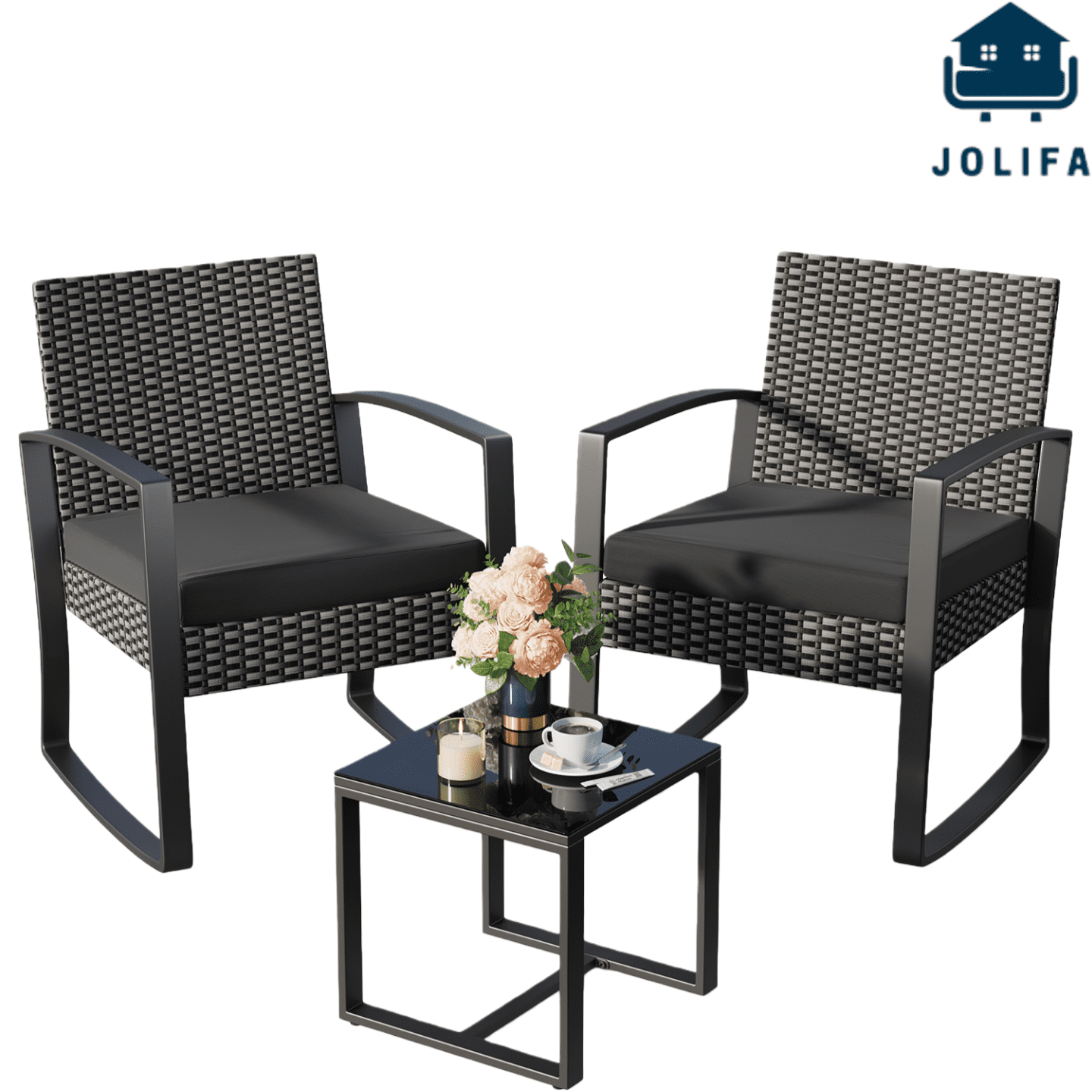 Jolifa Patio Furniture Set, 3 Pieces Outdoor Porch Furniture Set with Rocking Chairs and Glass Table for Balcony & Garden, Blue Cushion Review