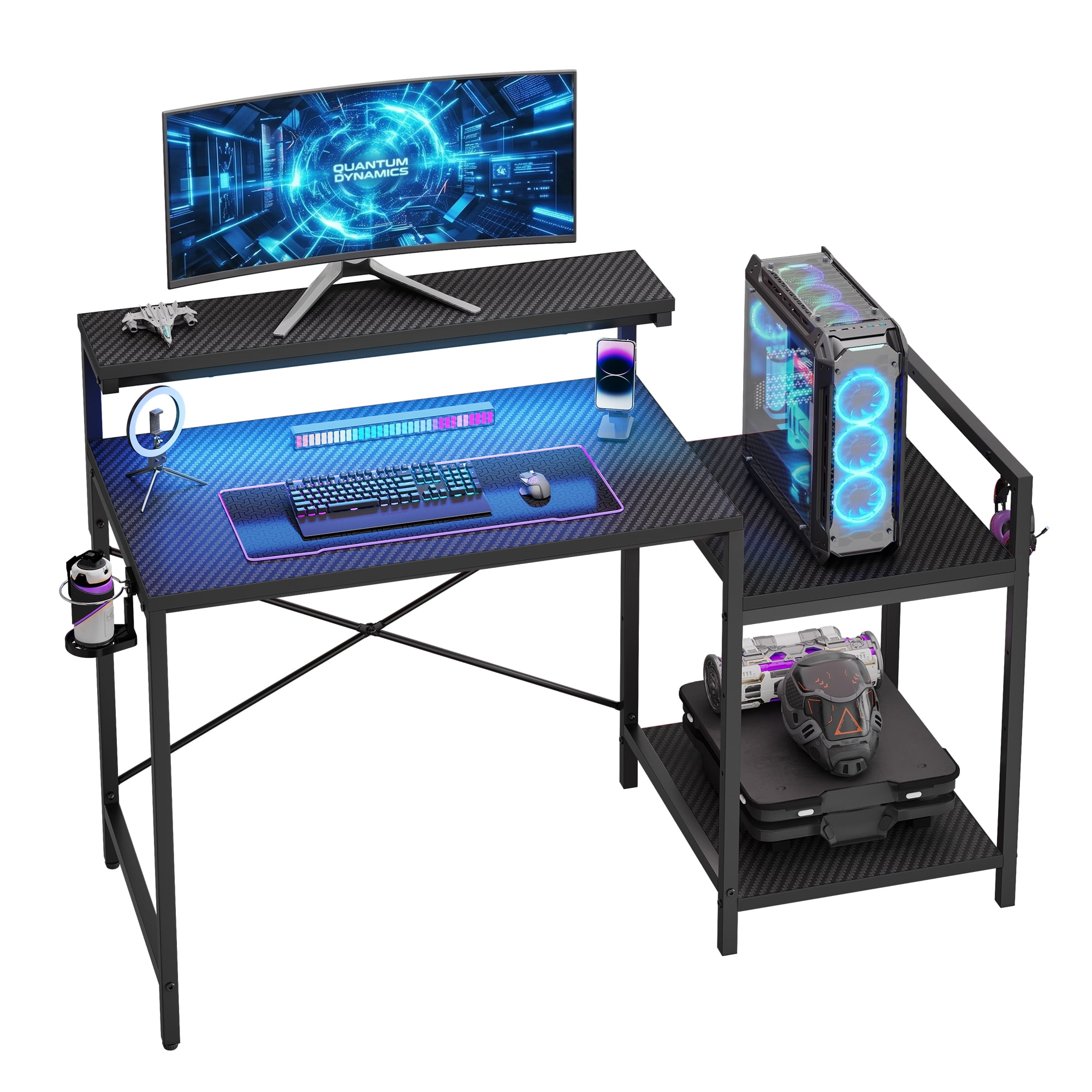 RSPGAME LED Gaming Desk with Monitor Stand, 47 inch Reversible Computer Desk for Home Office, Carbon Fiber Black