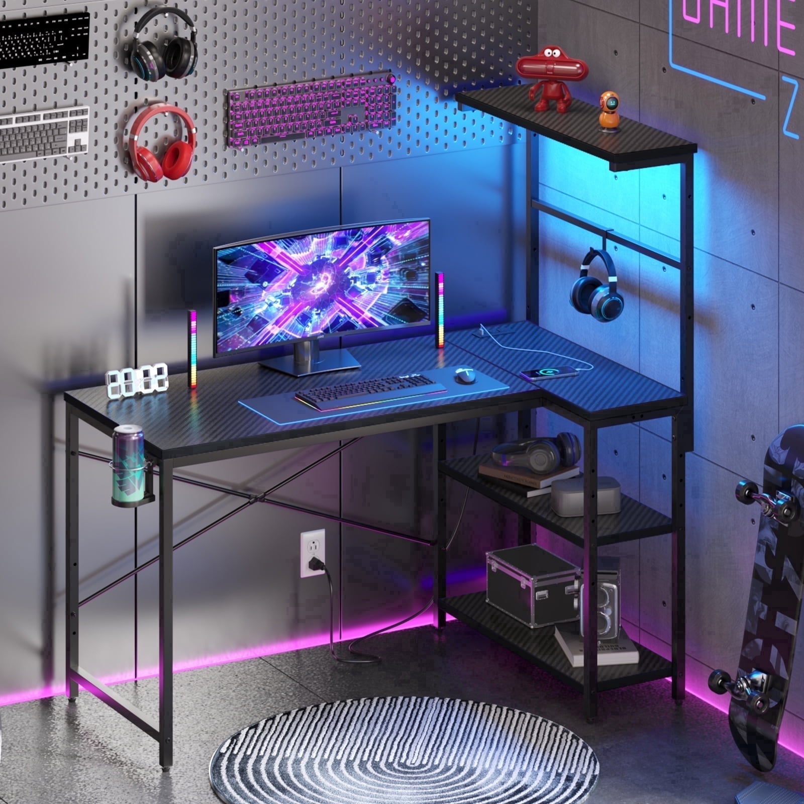 RSPGAME LED Gaming Desk with Power Outlets, Reversible Computer Desk Home Office PC Table, Carbon Fiber Black