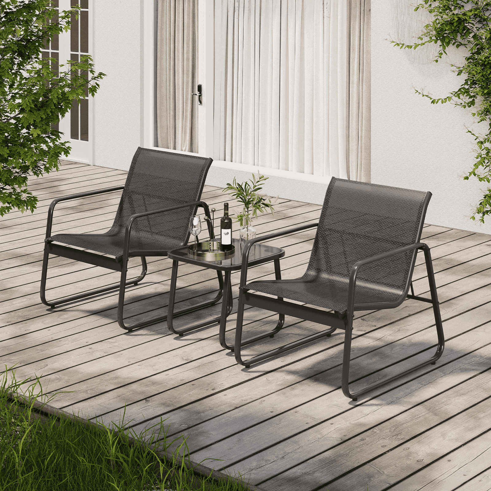 3-Piece Patio Furniture Set, Outdoor Modern Conversation Set with Glass Tea Table for Balcony and Front Porch in Black, Textile Fabric & Metal Frame