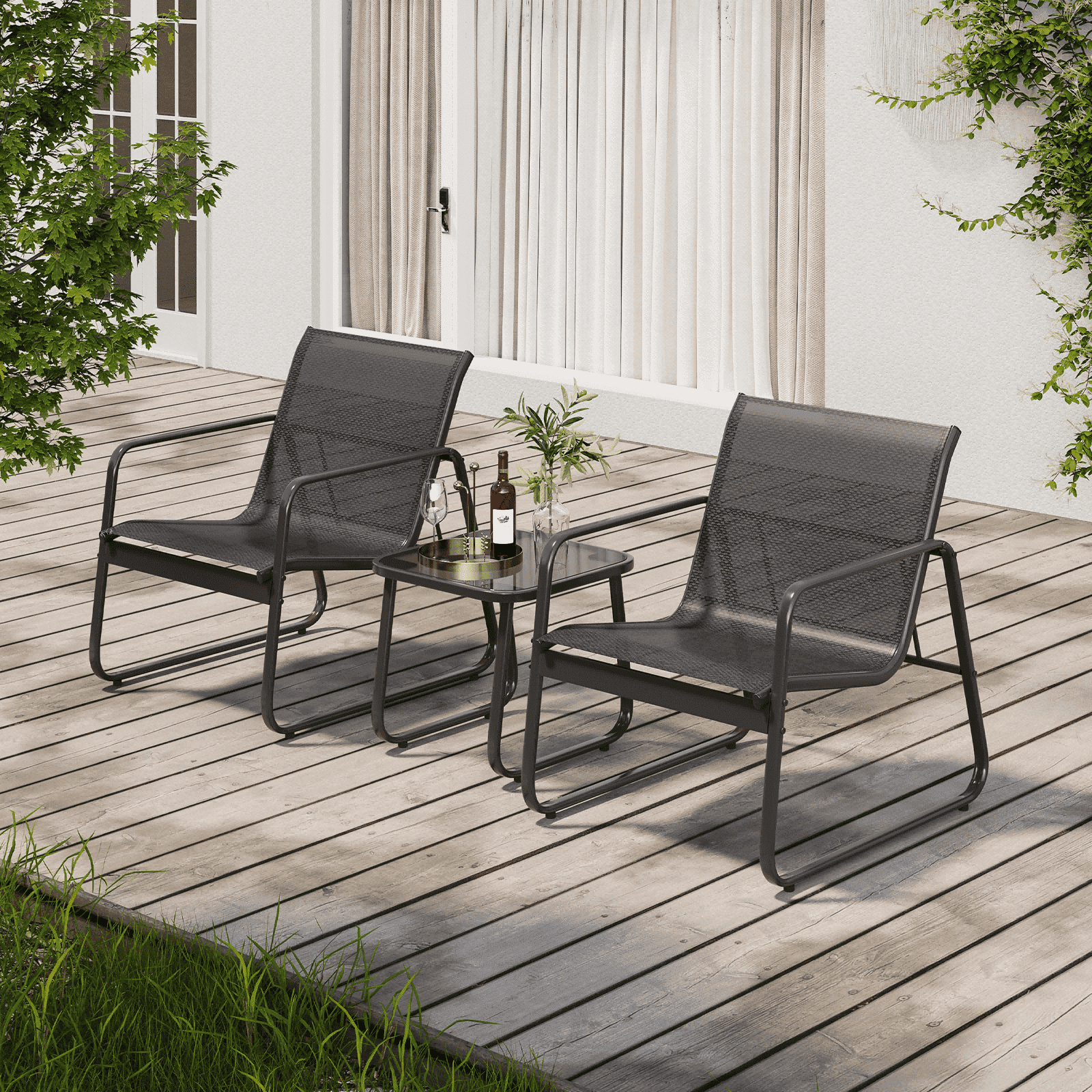 3-Piece Patio Furniture Set, Outdoor Modern Conversation Set with Glass Tea Table for Balcony and Front Porch in Black, Textile Fabric & Metal Frame