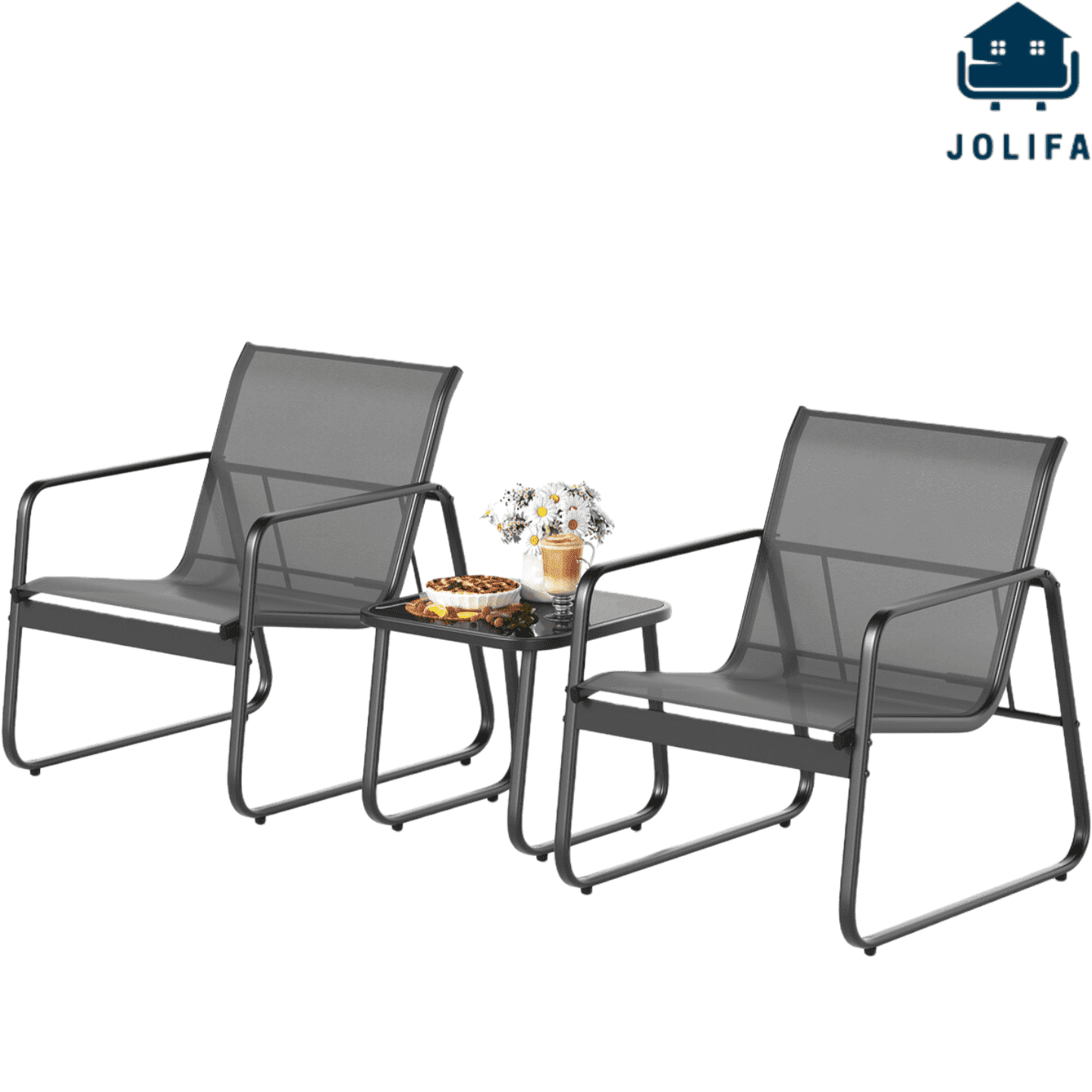 3-Piece Patio Furniture Set with 2 Chairs and 1 Metal Coffee Table for Backyard | Poolside | Porch,Gray