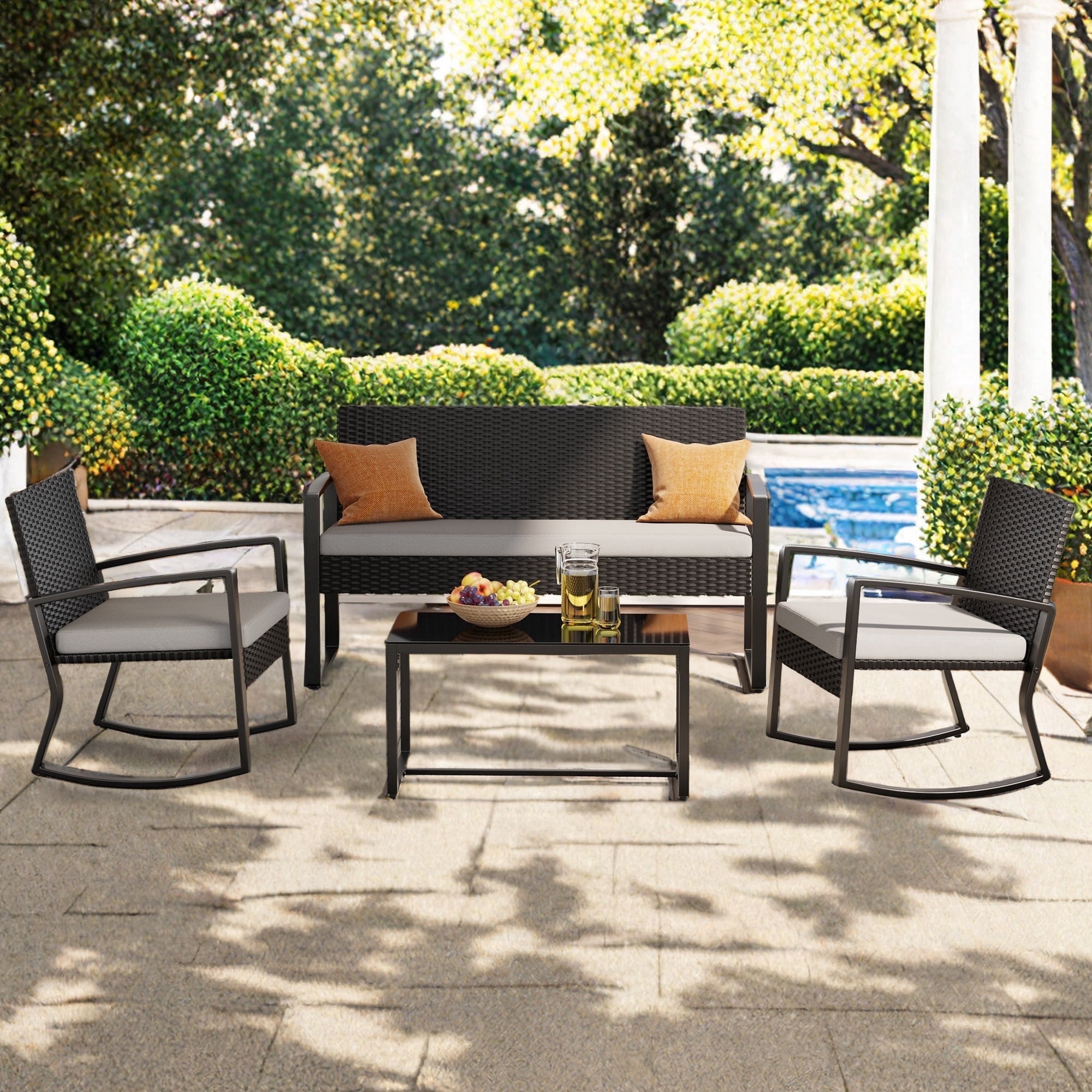 4-Piece Patio Furniture Set with Rocking Chairs and Loveseat and Tempered Glass Table for Outdoor & Garden in Dark Gray