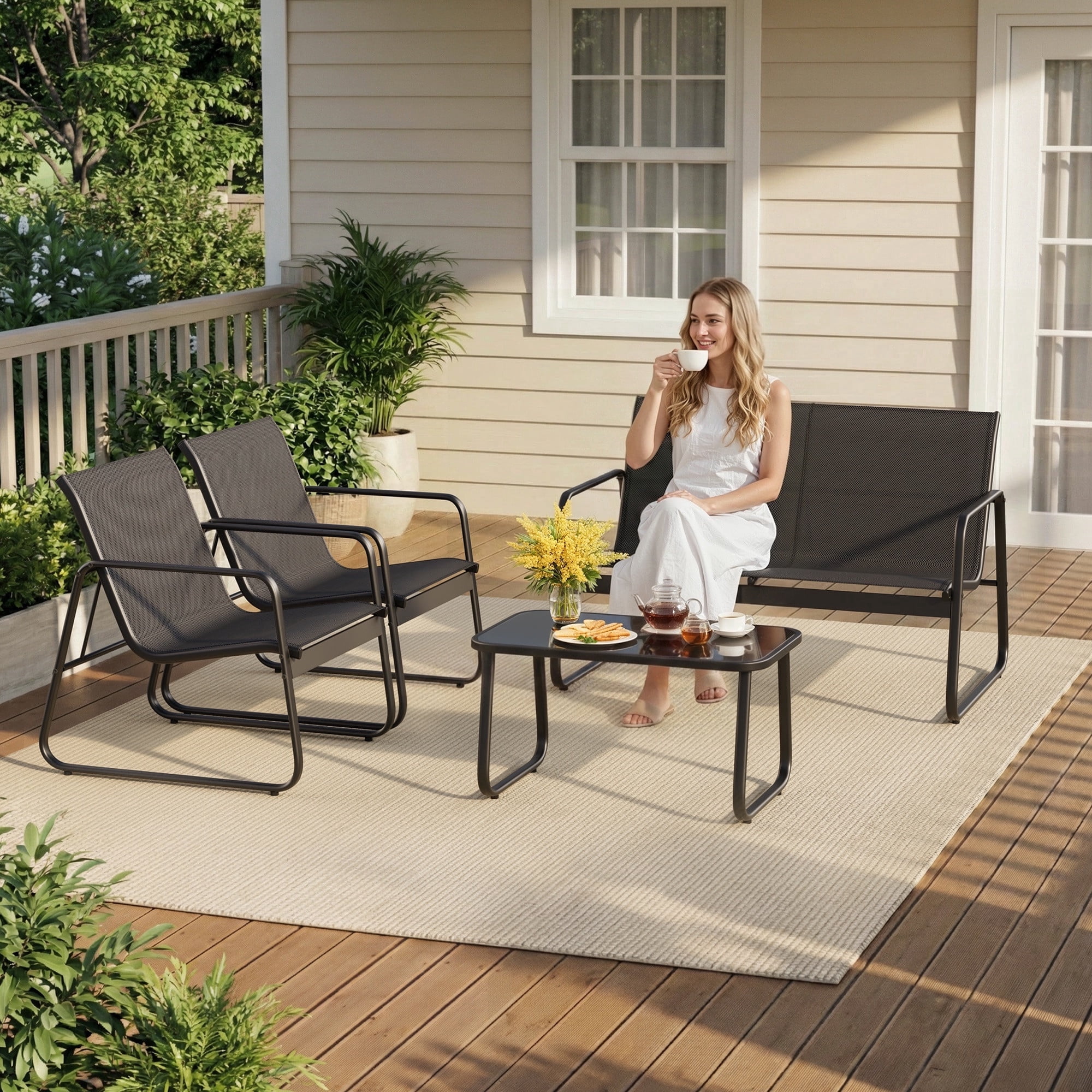 4 Piece Outdoor Patio Furniture Set, Modern Black Conversation Set with Loveseat, Chairs & Glass Table for Porch, Balcony, Garden, Backyard, Poolside