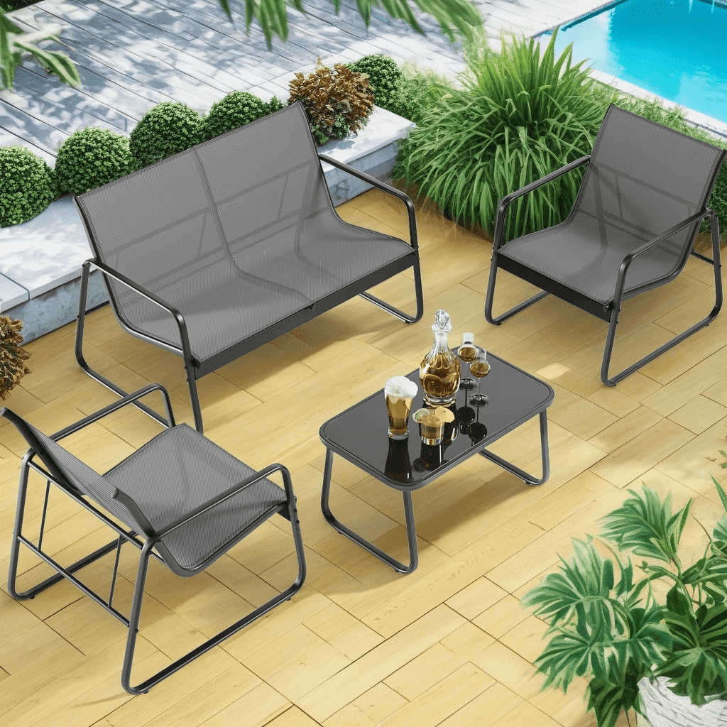 4 Pieces Outdoor Patio Furniture Set with 3 Chairs and 1 Metal Coffee Table for Backyard | Poolside | Porch, Gray