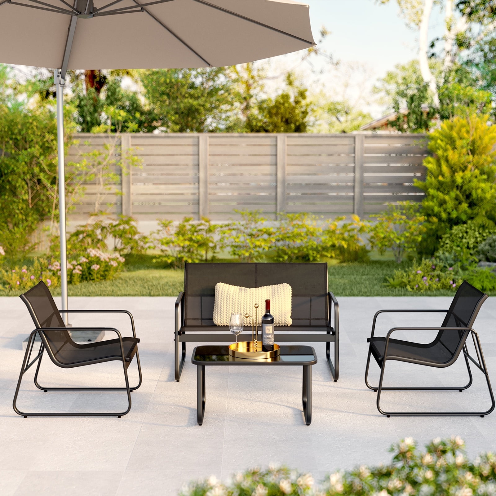 4 Pieces Patio Furniture Set with Cool Textile Fabric and Rectangle Tempered Glass Coffee Table for Outdoor & Backyard, Reinforce Steel Frame, Black
