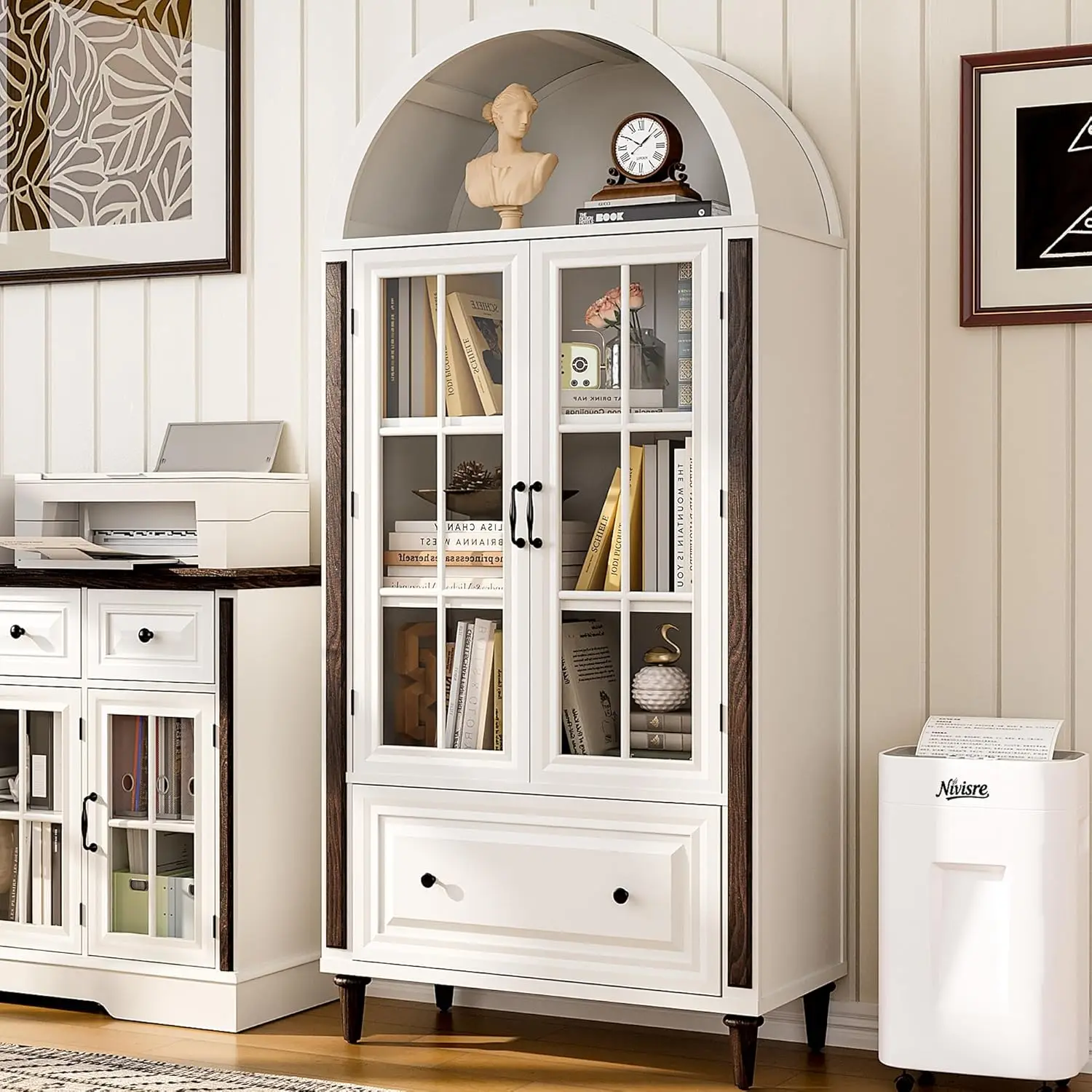 71” Handcrafted Arched Bookcase, Filing Cabinet for Home Office, Wooden Display Cabinet with Glass Doors , Customized