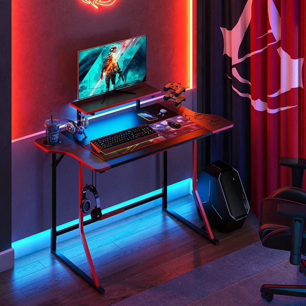 Bestier 51 L Shaped Gaming Desk with Power Outlets, LED Workstation with 4 Tiers Shelves for Home Office, Gamer Reversible Table with Hooks and Cup Holder, Black Marble Review